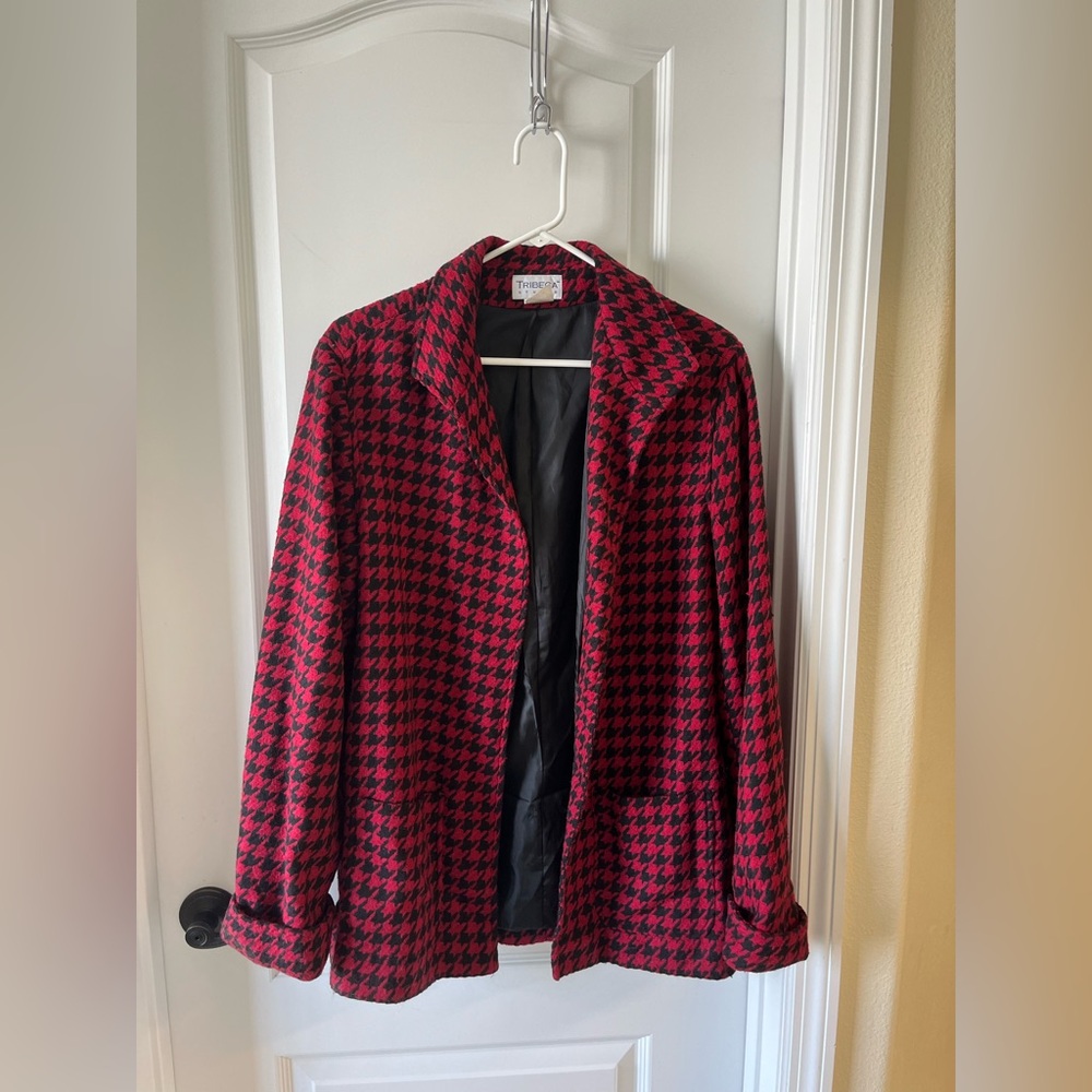 Vintage Wool Blend Red Houndstooth Women's Blazer Jacket Size 14